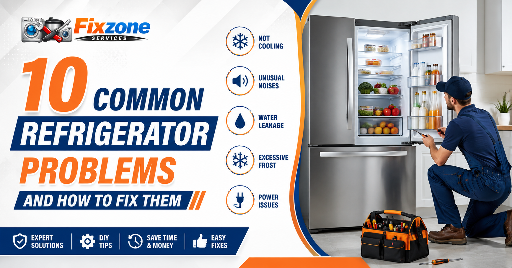 Professional refrigerator repair banner with Fixzone branding and repair visuals.